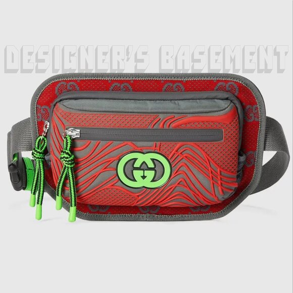 GUCCI gray red green GG nylon/rubber zip Crossbody 100 Waist Fanny belt BUM bag - Picture 3 of 10